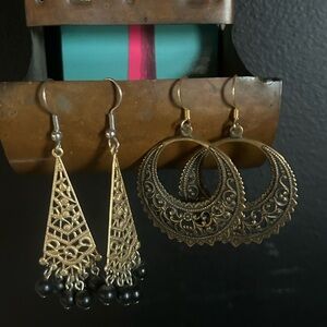 Lot of 2 Brass Boho Filigree Beaded Earrings